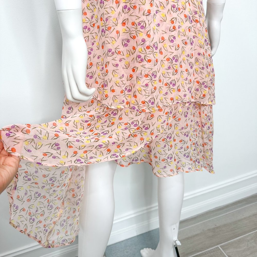 Anthropologie LAIA Mixed Floral Print Ruffle Asymmetrical Midi Dress Pink Blue - Picture 14 of 17